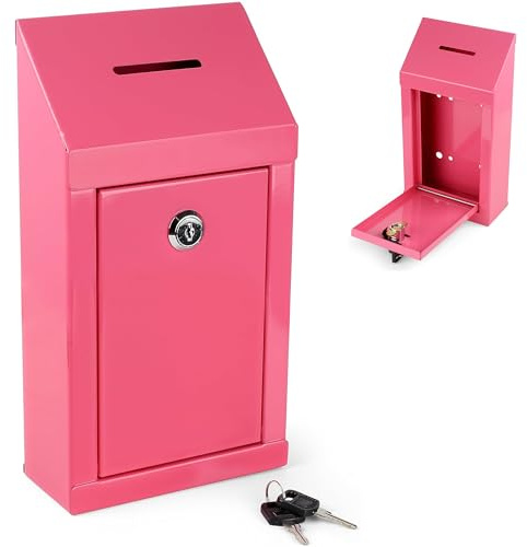 Sammelbox aus Metall – Stahl-Vorschlagsbox mit sicherem Schloss, Schlüsselschlitz, Wandhalterung mit vorgebohrten Löchern, 25,4 x 15,2 x 6,3 cm, Rosa
