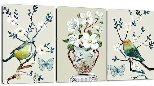 Artscope Lot of 3 Impression sur Toile - Fleurs Oiseaux Mur Art Toile Peinture Image Tableau Décoration Murale pour Chambre Peintures à l'huile pour Maison Bain Salon Chambre 30x40cm