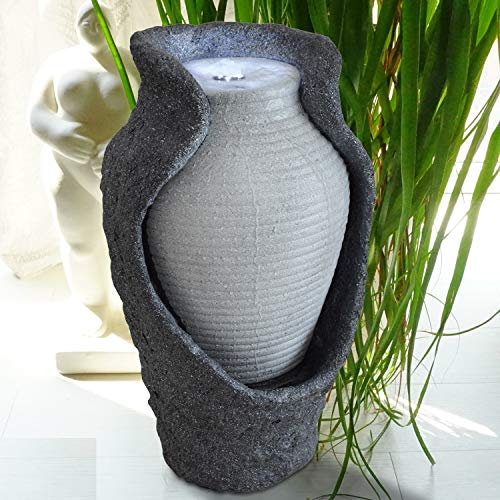 Gartenbrunnen Brunnen Zierbrunnen Zimmerbrunnen Brunnen Ampfore Venus lichtgrau mit LED-Licht 230V Wasserfall Wasserspiel für Garten, Gartenteich, Terrasse