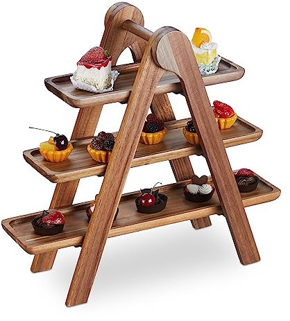 Relaxdays Soporte Tartas Plegable 3 Pisos, Platos Cupcakes Madera Acacia, Bandeja Rústica Galletas, 38x41x15 cm, Marrón