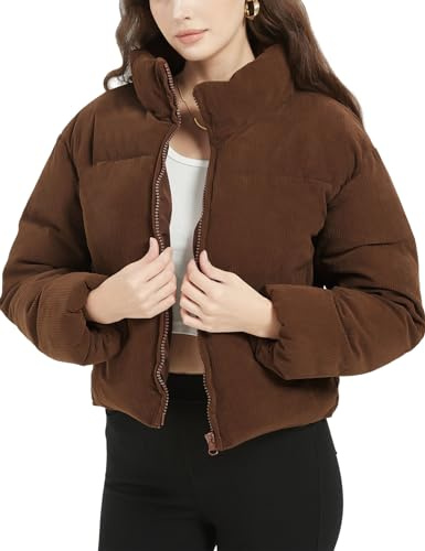 Flygo Womens Cropped Corduroy Puffer Jacket Winter Jackets Warm Long Sleeve Zip Quilted Down Puffer Coat(Brown-S)