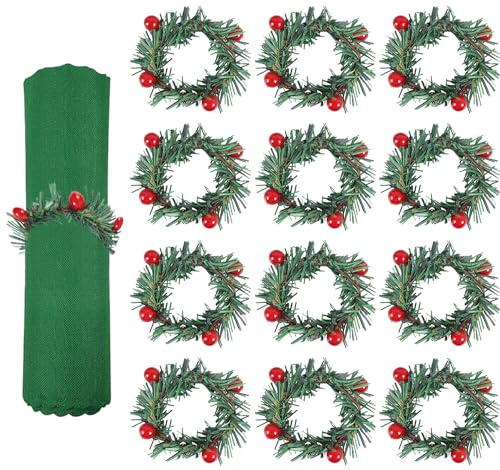Wreath Napkin Rings,12PCS Red Berry Pine Needles Christmas Napkin Ring Holders,Napkin Buckles for Xmas Anniversary Dinners Wedding Party Table Decoration