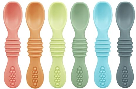 PandaEar 6-Pack Baby Spoons for Self-Feeding, 2-in-1 Silicone Teether & First Stage Training Utensils, Shallow Design for Choking Prevention, BPA-Free Weaning Spoons for 6-12 Months (Multi-Colour)