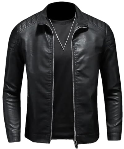 Herren Stehkragen Jacke Motorradbekleidung Modetrend Personalisierte Leder Herrenjacke, Schwarz , XL