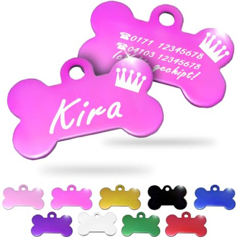 Ibera gifts - Hundemarke mit Gravur und personalisierte Hundemarke in Knochenform für kleine bis mittelgroße Hunde und Katzen (Pink, Krone)