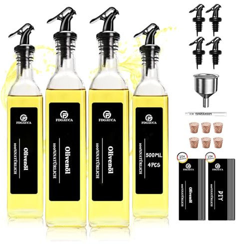 SAEIV 4-Pack Olivenöl Flasche 500ml, Ölflasche mit Ausgießer, mit 30 Schwarzer Oversized Labels, Ölspender Glas zum Befüllen, Essig und Ölflaschen Set für Küchenorganisation und Dekorationsliebhaber