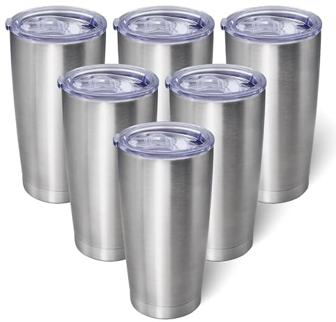 AIANJI 20oz Tumbler Bulk Stainless Steel Tumblers with Lid Vacuum Insulated Double Wall Travel Coffee Mug Powder Coated Tumbler Cup for Hot and Cold Drinks(Stainless Steel, 6 pack)