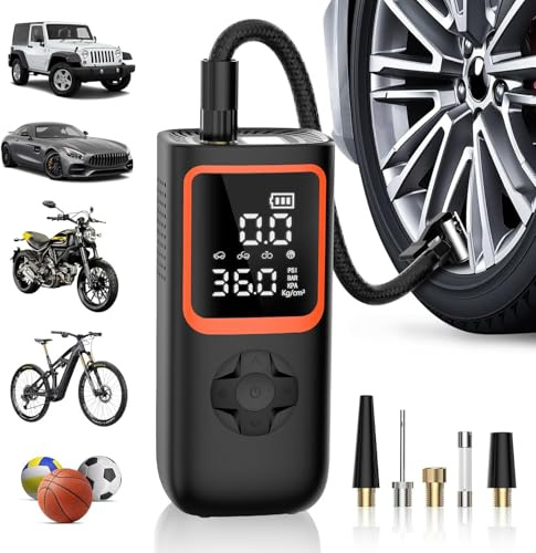 Elektrische Luftpumpe - 6000mAh & 150PSI Fahrradpumpe für Autoreifen mit Manometer & LED-Licht, 2X schnellere Aufblasung Mini Kompressor für Auto Fahrräder, Motorra