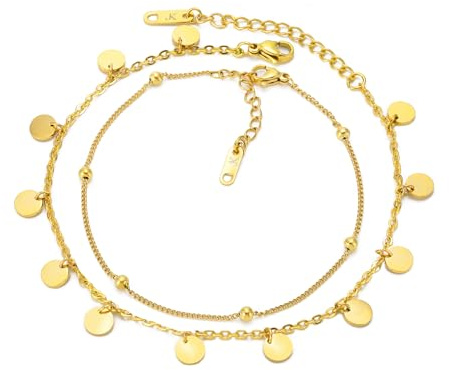 Kim Johanson® Edelstahl Damen Fußkettchen Set *Pure* in Silber, Gold & Roségold | Multi Layer Fußketten mit Plättchen | Wasserfest | Boho Schmuck für Frauen | Verstellbare Länge | Schmuckbeutel