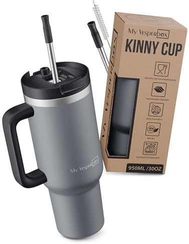 My Vesperbox Kinny Cup – Edelstahl Thermobecher mit Henkel & Strohhalm (500/950 / 1200 ml) – Isolierbecher To Go für Kaffee, Eis & Alltag – BPA-frei, Auslaufsicher, Spülmaschinenfest