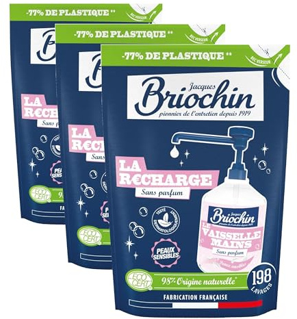 JACQUES BRIOCHIN - Recharge Liquide Vaisselle et Mains -Spécial Peaux Sensibles - Sans Parfum -Testé Dermatologiquement - 98% d'Ingrédients d'Origine Naturelle - Fabrication Française - 450ml