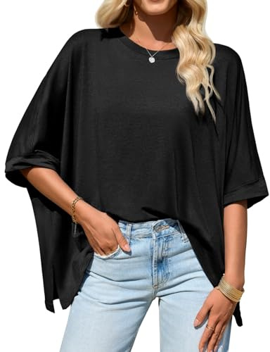 Tankaneo Womens Oversized Tshirts Batwing Short Sleeve Asymmetric Hem Tops Summer Casual Loose Fit Tunic Tee Shirts Black