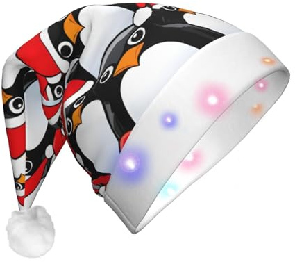 BREAUX Weihnachtspinguine Druck Flanell Nikolausmützen Unisex Weihnachten Nikolausmütze mit LED-Lichtern Plüschmütze