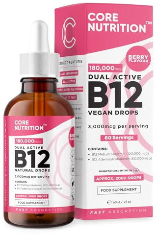 Vitamin B12 Liquid Drops by Core Nutrition - Vegan - High Strength 3000mcg - 2 Month Supply - 60 Servings - 18,000mcg per 60ml Bottle - Dual Action Formulation - Made in The UK