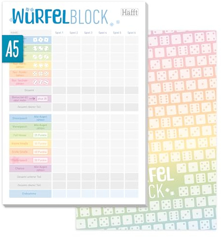 Häfft® Würfelspiel-Block A5 mit 50 Blatt Rainbow | Spielblock Würfel für unterwegs oder zuhause