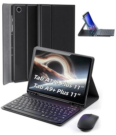 für Samsung Galaxy Tab A11+ PLUS (2025)/Tab A9+ Plus (2023) Hülle 11 Zoll mit aufladbarer kabellose Bluetooth Deutsche Zeichen Tastatur (QWERTZ) und Maus, Schlitzhülle Magnetisch Keyboard case Schwarz