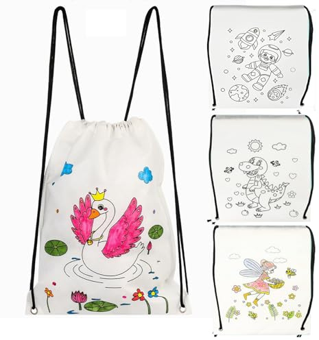 CALLYSONIC 4 Stück Stoffbeutel zum Bemalen, Einziehbarer Taschen zum Bemalen für Kinder,DIY Kinder Stofftasche für Kindergeburtstag, Graffiti Stofftaschen mit Kordelzug
