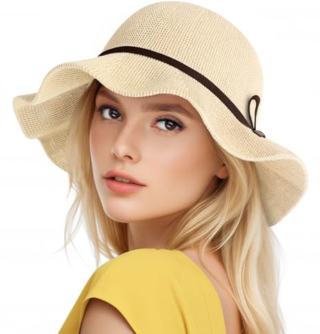 BelleVive Sommer-Sonnenhüte für Damen, breite Krempe, Strandhüte für Damen, LSF 50+, faltbarer Reise-Strandhut, Schlapphut aus Strick, Sonnenhut für Damen, Hut mit breiter Krempe, Beige