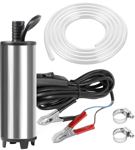 Ölpumpe DC 12V 51mm Dieselpumpe Wasserpumpe Tauchpumpe Kraftstoffpumpe mit Krokodilclip und Schlauch 5m, Öl Diesel Heizöl Wasser Pumpe für Auto, KFZ, Caravan, Marine Boot