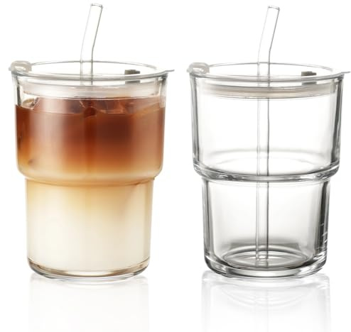 Wynthex 2 Stück 400ml Trinkbecher mit Deckel und Strohhalm, Luftdicht Wasserdicht Design Glasbecher Set, Glas Smoothie Becher für Cappuccino, Latte, Tee, EIS, Eistee, Iced Americano, Milch, Saft