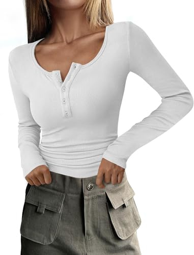 DUOEASE Camiseta Mujer Cuello Crew Sexy Botones Elástica Top Básica Otoño Casual Slim-fit Blanco-M