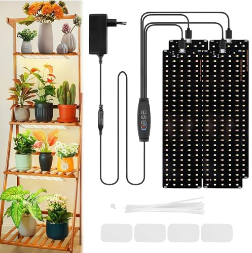 GOEDCH Lampada a LED a spettro completo: 4 luci LED per piante con timer, lampada a LED per piante da interno, lampada UV per piante con 3 modalità di illuminazione, per la coltivazione di piante da