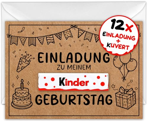12x Schokoriegel EINLADUNGSKARTEN KINDERGEBURTSTAG Junge Mädchen + 12x Umschläge - die Kraftpapier PARTY Karten sind die EINLADUNG für Jungen Kinder GEBURTSTAG Schokolade DIY Kinderparty Schoki