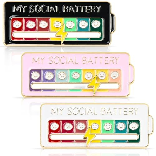 FLEXNOVA 3 Stück Social Battery Pin, Soziale Batterie Pins Anstecker Pin 7 Tage Interaktive Stimmungsbarometer Lustige Brosche Sozialer Batterie-Pin für Rucksäcke Jacken Hüte (Weiß Schwarz Rosa)
