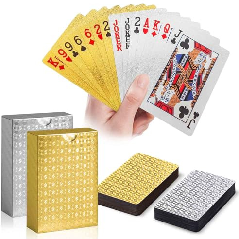 WUGAUWOR Vattentät Kortlek, 2-pack (Guld + Silver), Kortlek i Plast, Diamanttextur, Hållbar & Lyxig Design för Blackjack, UNO, Kortspel Utomhus, Pool, Strand, Resa