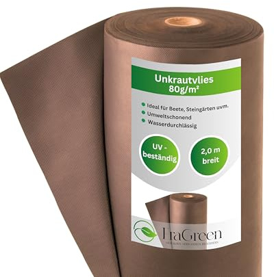 EraGreen Tessuto non tessuto per erbacce di alta qualità, 80 g/m², 2 m x 100 m, marrone, permeabile all'acqua e resistente ai raggi UV, ideale per giardino e aiuole rialzate, pellicola per