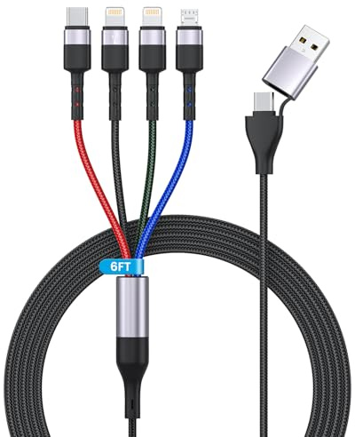 100W Câble Multi USB, 4 en 2 Câble USB C/A Universel Rapide [1.8M] Cable Multi Chargeur Nylon Tressé Micro USB/Type-C/Lightn-ing Cable pour iPhone, Samsung, Redmi, Huawei, Sony, LG, Nokia, Android