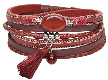 HUIANGLIYG Lederarmbänder Für Damen Und Herren, Achatstein, Kristall, Geflochtenes Wickelarmband Mit Quastenanhänger, Vintage, Mehrsträngige Wickelarmbänder, Western-Boho-Schmuck, Rot, 19,5 Cm