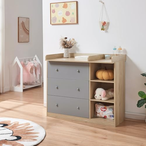 [en.casa] Commode à Langer avec Plan à Langer Amovible Bébé 3 Tiroirs 3 Étagères Meuble de Rangement Compacte Confortable avec Surélévations Latérales MDF 93 x 110 x 55 cm Effet Chêne Gris