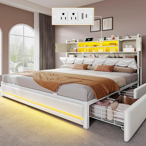 DWVO King Size Bed Frame with RGB LED Lights & Storage Bookcase Headboard, Upholstered Bed with Charging Station and 4 Drawers, No Box Spring Needed, Easy Assembly, Noise-Free, PU Leather White