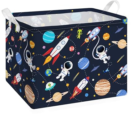 Grande Cesta Portaoggetti con Manico, Impermeabile, Rettangolare, per Vestiti e Giocattoli, Cesta Portaoggetti per Bambini Ragazze e Ragazzi, 40x30x30 cm(Astronauta)