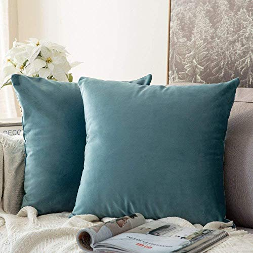 MIULEE Velvet Soft Soild Microfiber Decorative Square Pillow Case Throw Cushion Cover for Sofa Bedroom with Invisible Zipper 16x16 Inch 40x40cm Teal Green Set of 2 Lined