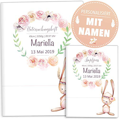 OLGS Personalisierbares U-Heft und Impfpasshüllen Set Cute Boho Untersuchungsheft Hülle & Impfpasshülle mit Namen und Geburtsdatum (Uhefthüllen personalisiert, Hase)