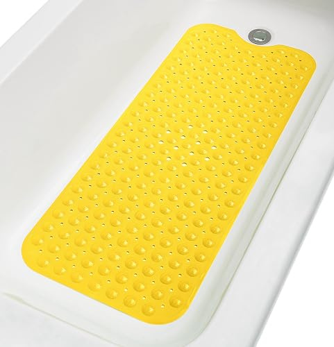 TIKE SMART Extra-Long Non-Slip Bathtub & Shower Mat 39”x16” (Smooth/Non-Textured Tubs Only) Safe, Clean, Machine-Washable, Superior Grip&Drainage, Vinyl, Opaque Yellow