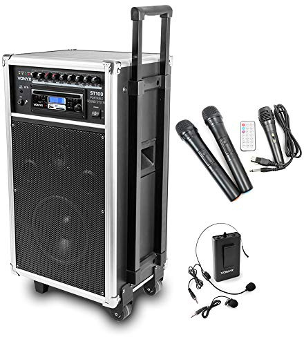 Vonyx ST100 Portable PA System, Battery Powered 250W Wireless PA Speaker with Bluetooth, CD & MP3 Player, 2 Wireless Handheld Microphones, Wired Mic & Bodypack Lav/Headset Set for Events