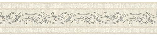 Französische Lilie Tapeten Bordüre in Crème Beige | Landhaus Tapetenbordüre selbstklebend | Vlies Tapetenborte ideal für Badezimmer und Küche