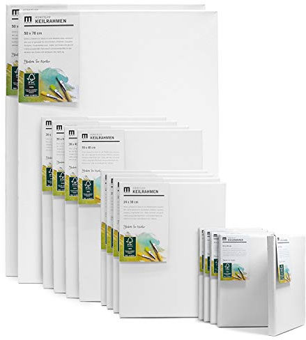 14er Set Künstler Leinwand zum Bemalen (2 Stk 50x70cm, 4 Stk 30x40cm, 4 Stk 24x30cm, 4 Stk 13x18cm) Canvas aus 100% Baumwolle, umlaufend aufgespannt FSC® Holz-Keilrahmen, 280g/m², 2-fach grundiert