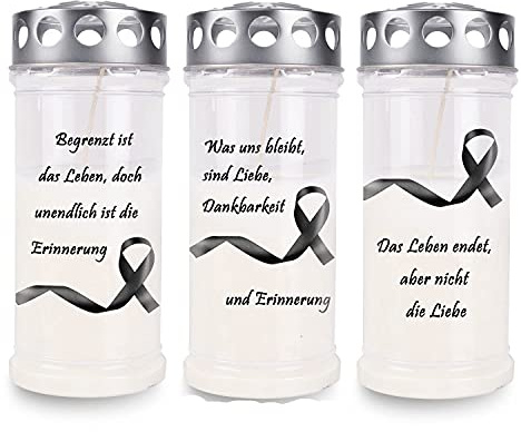 Kimiza Sparset, Gedenkkerze, Grabkerze, (3er Set Schleife) Paraffinwachs mit 30% Ölanteil - Wachsmasse ausreichend für eine Brenndauer von 4 Tagen