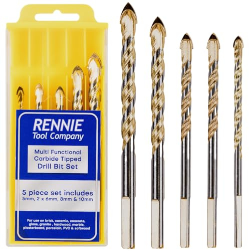 Rennie Tools - 5 Piece Multi-Material Tile Drill Bits Set 5mm 6mm 8mm 10mm | TCT Carbide Tipped Drill Bits. For Ceramic Porcelain Brick Concrete Glass Plastic Granite Marble Etc with Storage Box.