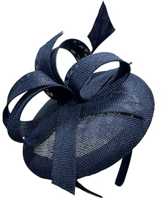Caprilite Sinamay tyg pillerlåda hatt pannband abstrakta öglor struktur en lång fjäder fascinator Ascot Hatinator tävlingar Storbritannien (marinblå)