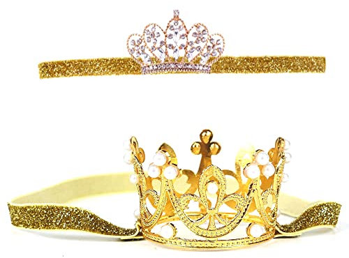 Nishine 2 Stück Baby Mädchen Krone Stirnband Prinzessin Diadem Kopfschmuck Set Kleinkind elastisches Stirnband(Gold)