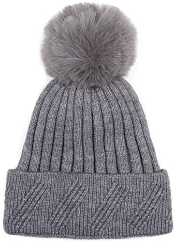 styleBREAKER Damen Strick Bommelmütze Rippenmuster | Isolierendes Thermo-Fleece-Innenfutter, 11 cm Fake-Fur-Pompon, 22 cm elastische Bundweite für 46-59 cm Kopfumfang.