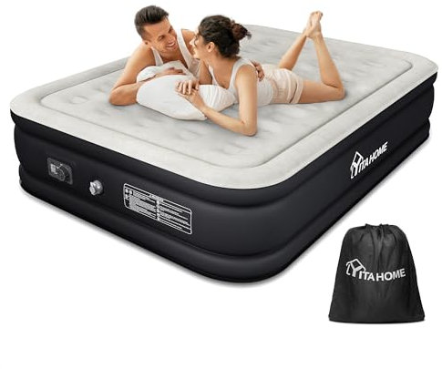 YITAHOME Materasso Gonfiabile Matrimoniale con Pompa Elettrica Integrata, Letto Gonfiabile, Tecnologia I-Beam Strutturata, Gonfiaggio/Rigidimento Rapido per Ospiti, 203 x 152 x 46 cm, Grigio & Nero
