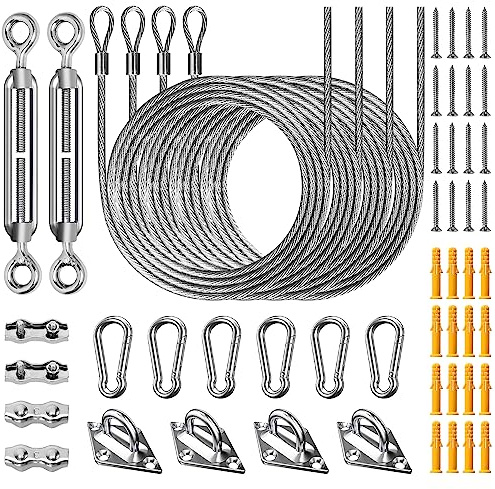 Duerer Sun Shade Sail Hardware Kit 52pcs for Rectangle Triangle Sun Shade Sails Canopy Installation 304 Stainless Steel Accessories Set for Outdoor Garden Patio(6 M6 Turnbuckles+ 4*6.6ft Cables Wire)