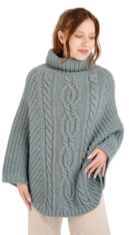 SAOL Poncho irlandais en tricot torsadé 100% laine mérinos pour femme, Bleu ciel, taille unique