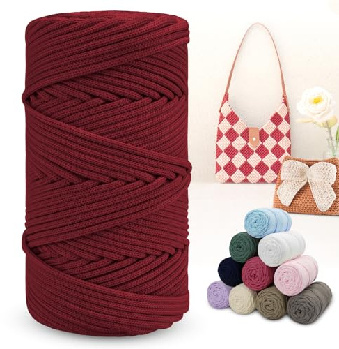 LEREATI Polyester Macrame Cord 4mm x 150m Braided Cord Thick Rope Yarn for Crochet, Bags, Wall Hangers, Rug, DIY Crafts (Wine Red)